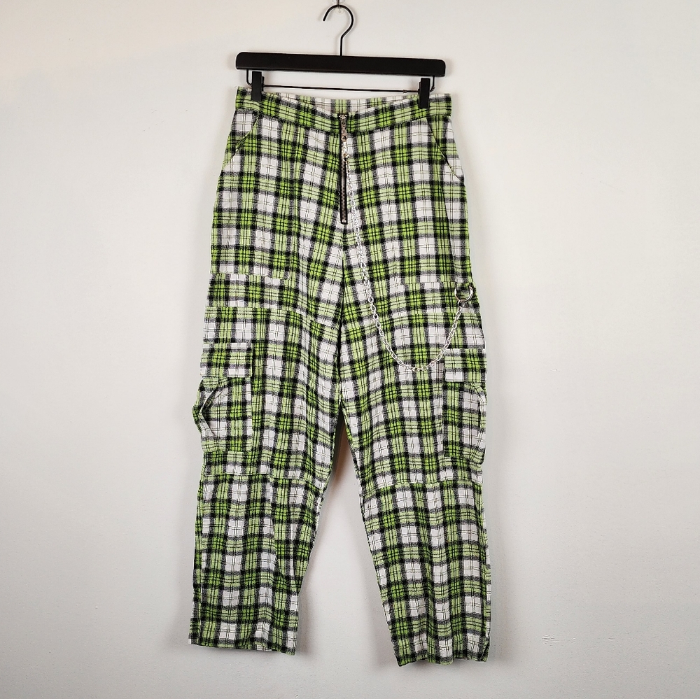 The Ragged Priest Plaid Green White Black Cargo Pants Chain Size Medium